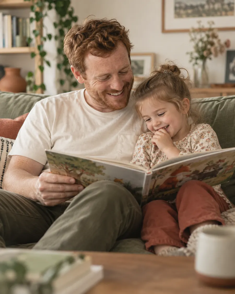 Un papa lit un album avec sa fille sur le canapé